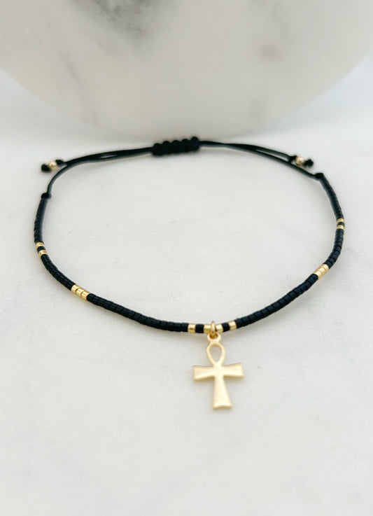 Pulsera hilo ajustable de mostacillas Miyuki negras, Cruz egipcia bañada  en oro de 18 kilates,joyas de oro para mujer, accesorios