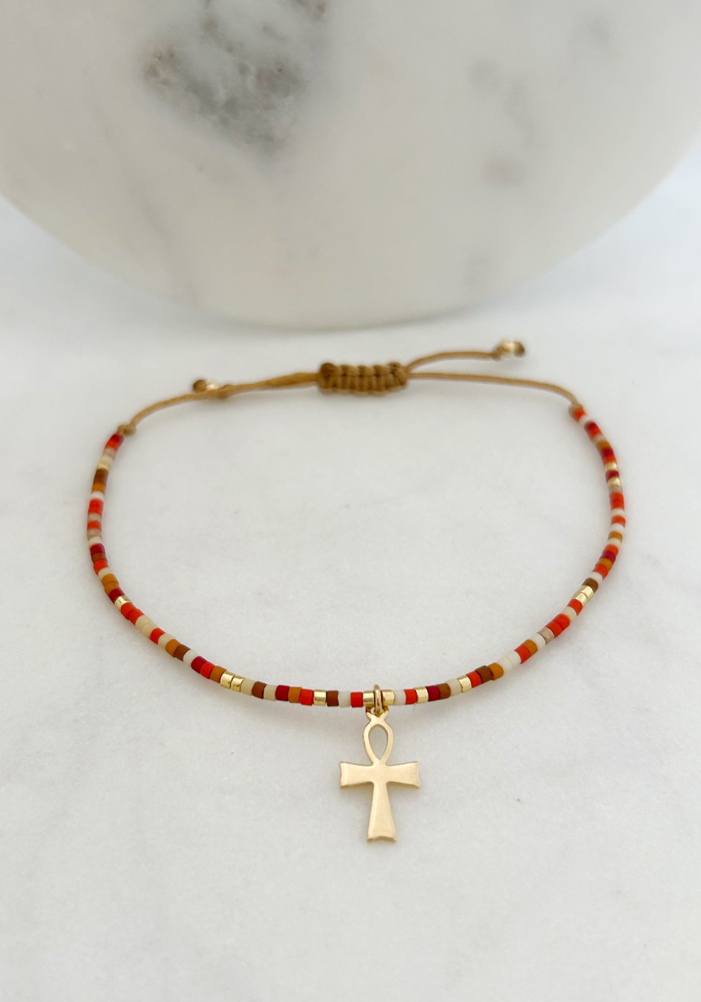 Pulsera hilo ajustable de mostacillas Miyuki rojas, Cruz egipcia bañada en oro de 18 kilates,joyas de oro para mujer, accesorios