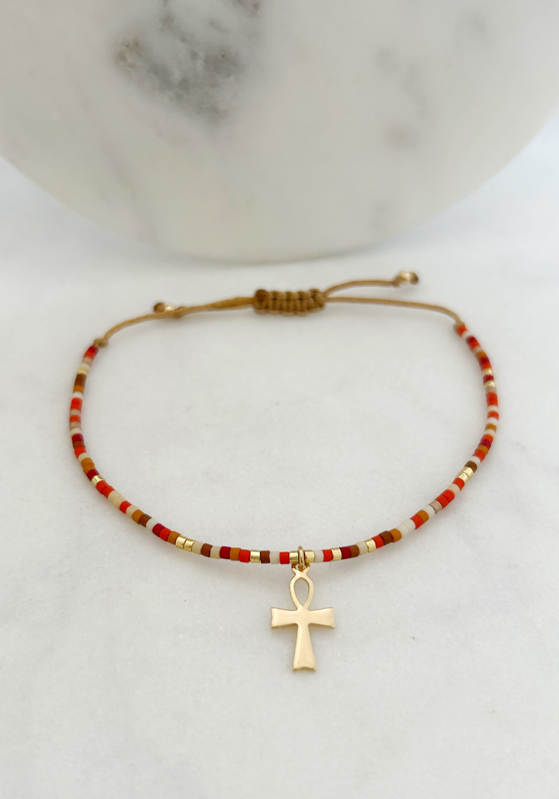 Pulsera hilo ajustable de mostacillas Miyuki rojas, Cruz egipcia bañada en oro de 18 kilates,joyas de oro para mujer, accesorios