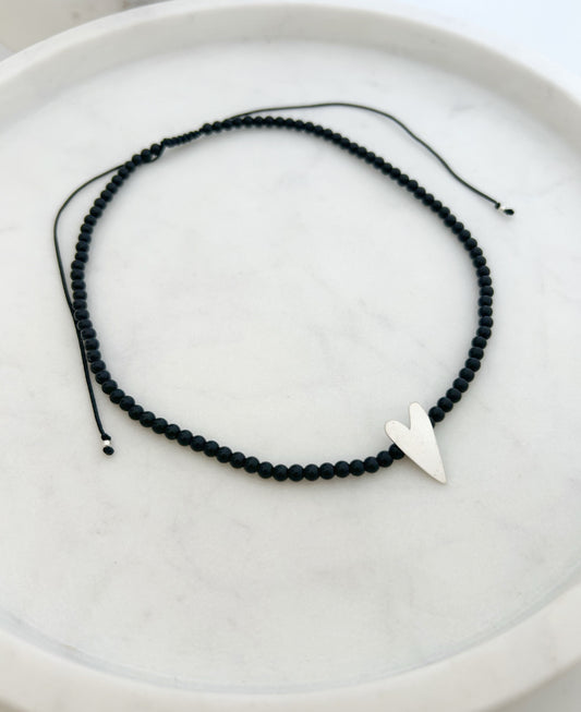 Collar hilo ajustable  de piedra onix para mujer, corazon hecho a mano plata 925, joyas de plata para mujer, accesorios