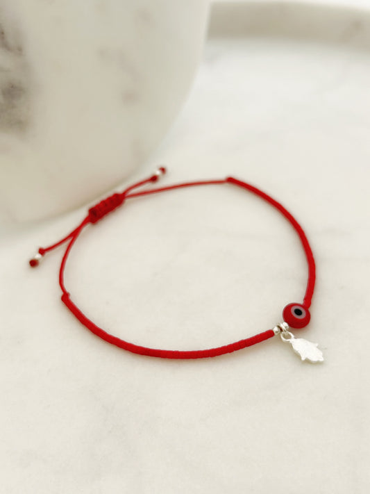 Pulsera hilo ajustable de mostacillas , accesorios, joyas de plata para mujerMiyuki + Ojo turco + Hamsa (o mano de fátima) plata 925, joyas para mujer, accesorios